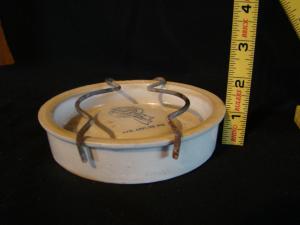 Stoneware waterer base, fits standard canning jar, Buckeye Pottery Co. Macomb, IL Blue Ribbon Brand