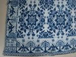 Coverlet, Blue & White, Figured & Fancy, Tied Beiderwand, 2 panels, center seam, flowers, eagles, willow trees, apple trees, border on 3 sides, no fringe, Corner Block: "ELIZABE | TH  REY| NOLDS | J. M. | DAVIDSON | FANCY | WEAVER | LODI, 1839" [Elizabeth Reynolds J. M. Davidson, Fancy Weaver, Lodi, 1839]  Side Borders: "LIBERTY"