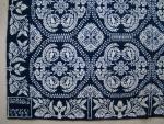 Coverlet, Blue & White, Figured & Fancy, Doubleweave, 2 Panels, No Fringe, Border on 3 sides, Border: Floral, Center Field: Floral Medalions, "MARIA TOWNSEND VARICK 1837"