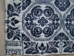 Coverlet, Blue & White, Figured & Fancy, Doubleweave, 2 Panels, No Fringe, Border on 3 sides, Border: Floral, Center Field: Floral Medalions, "MARIA TOWNSEND VARICK 1837"