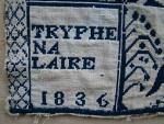 Coverlet, Blue & White, Figured & Fancy, Doubleweave, 2 panel, No Fringe, Border on 3 Sides, Border: Eagle with Shield & Apple Tree, Centerfield: 4 Double Rose Medalion, Corner Block:  "TRYPHENA LAIRE 1836"