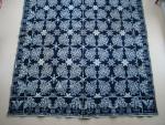 Coverlet, Blue & White, Figured & Fancy, True Beiderwand, 2 Panels, No Fringe, Border: 3 sides, Border: Potted Roses, alternating large & small, Centerfield: 4 roses with Buds, 6 point stars, Corner Block:  "1850, SENA EDWARDS, DARIEN, GENESEE CO NY", Eagle with Shield, Branches & Arrows.