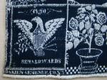 Coverlet, Blue & White, Figured & Fancy, True Beiderwand, 2 Panels, No Fringe, Border: 3 sides, Border: Potted Roses, alternating large & small, Centerfield: 4 roses with Buds, 6 point stars, Corner Block:  "1850, SENA EDWARDS, DARIEN, GENESEE CO NY", Eagle with Shield, Branches & Arrows.