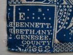 Coverlet, Blue & Natural, Figured & Fancy, Double Weaver, 2 Panel, Corner Block:  "E. BENNETT, BETHANY, GENESEE COUNTY, N.Y. 1832"