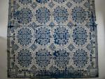 Coverlet, Blue & Natural, Figured & Fancy, Double Weaver, 2 Panel, Corner Block:  "E. BENNETT, BETHANY, GENESEE COUNTY, N.Y. 1832"