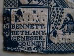 Coverlet, Blue & Natural, Figured & Fancy, Double Weaver, 2 Panel, Corner Block:  "E. BENNETT, BETHANY, GENESEE COUNTY, N.Y. 1832"