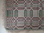 Coverlet, Geometric, Overshot, Green, Brown, Black & Natural, Linen, Wool, 2 Panel, Fringe: Applied, Fringe: 3 Sides, 3 Color Tape Woven Fringe, Border: 2 Sides, No Mark.