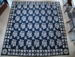 Coverlet, Figured & Fancy, Blue & Natural, Double Weave, Cotton, Wool, 1 piece, Fringe: None, Border: 4 Sides, Border: Grapevine, Corner Block: 8 Point Star, Mark in Side Borders:  "HILA BAYLES 1835", Long Island.