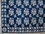 Coverlet, Figured & Fancy, Blue & Natural, Double Weave, Cotton, Wool, 1 piece, Fringe: None, Border: 4 Sides, Border: Grapevine, Corner Block: 8 Point Star, Mark in Side Borders:  "HILA BAYLES 1835", Long Island.