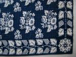 Coverlet, Figured & Fancy, Blue & Natural, Double Weave, Cotton, Wool, 1 piece, Fringe: None, Border: 4 Sides, Border: Grapevine, Corner Block: 8 Point Star, Mark in Side Borders:  "HILA BAYLES 1835", Long Island.