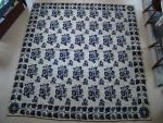 Coverlet, Figured & Fancy, Blue & Natural, Double Weave, Cotton, Wool, 1 piece, Fringe: None, Border: 4 Sides, Border: Grapevine, Corner Block: 8 Point Star, Mark in Side Borders:  "HILA BAYLES 1835", Long Island.