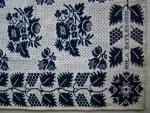 Coverlet, Figured & Fancy, Blue & Natural, Double Weave, Cotton, Wool, 1 piece, Fringe: None, Border: 4 Sides, Border: Grapevine, Corner Block: 8 Point Star, Mark in Side Borders:  "HILA BAYLES 1835", Long Island.