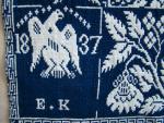 Coverlet, Figured & Fancy, Blue & White, Double Weave, "1837 E + K", Eagle, Pluses