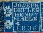 Coverlet, Figured & Fancy, Tied Beiderwand, Red, Blue & Olive, Greenish-Blue Warp, 2 Panel, "Joseph Devler, Henry Maele, 1836"