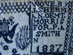 Coverlet, Figured & Fancy, Tied Beiderwand, Blue & White, 2 Panel, Corner Blocks upside down: "WOVE BY J. SHERMAN OF MT. MORRIS FOR P.A. SMITH N. 1837"