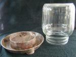Chicken waterer, two-piece, fluted glass top, marbled plastic (bakelite) base