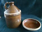 Chicken Waterer, 2 piece, top only, stoneware, molded, hand-formed handle and top, brown glaze, unglazed band at shoulder.