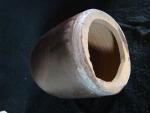 Chicken waterer, stoneware, hand-thrown, with handle, brown glaze, two-piece, bottom view