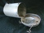 Chicken waterer, metal, one-piece, hinged, wire bail handle, wall hanging, 1 quart size.  Mark: 'Keystone Fountain Patent Apr 14.14.'