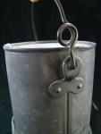 Chicken waterer, metal, one-piece, hinged, wire bail handle, wall hanging, 1 quart size.  Mark: 'Keystone Fountain Patent Apr 14.14.'