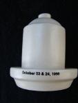 Chicken waterer, model, stoneware?, Bristol-like glaze, two-piece fused to one, Mark:  'Collectors of Illinois Pottery & Stoneware, 15th Annual Convention, October 23 & 24, 1996, East Peoria, Illinois', plus maker's mark on bottom.