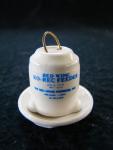 Chicken waterer, model, stoneware, two-piece, open bottom, wire bail handle, Bristol glaze,