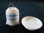 Chicken waterer, model, stoneware, two-piece, open bottom, wire bail handle, Bristol glaze,